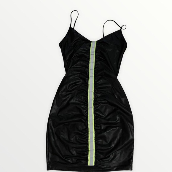 Forever 21 black faux leather dress with reflective neon yellow stripe - Picture 3 of 4